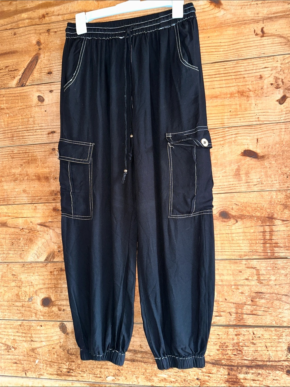 Angie Black Cargo Jogger Pants - Elastic Waist & Drawstring